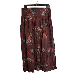 Natural Life Smocked Maxi Skirt Size XL Burgundy Floral Side Slit Cottagecore